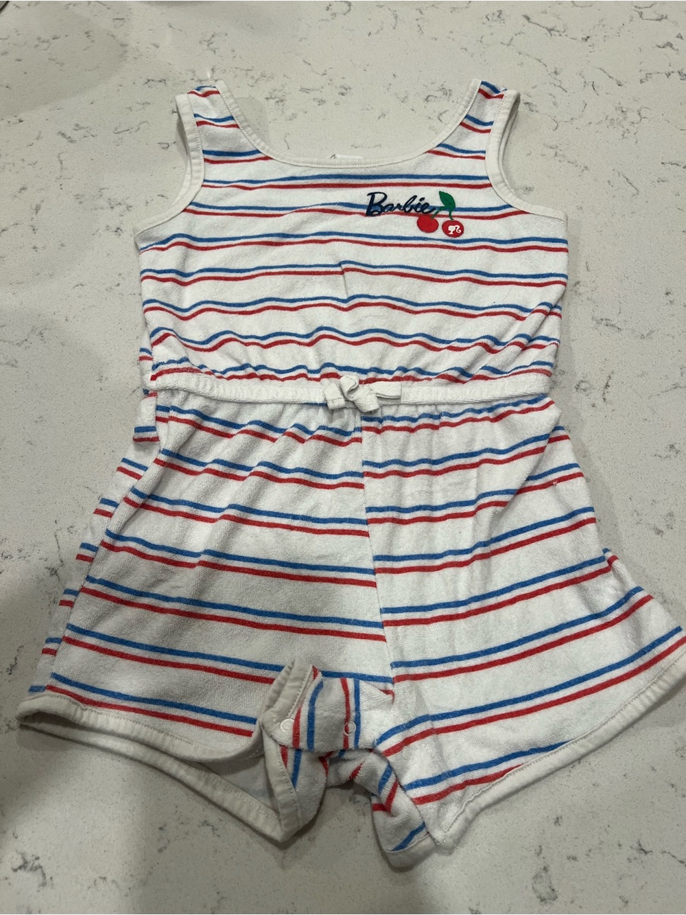 Barbie White Romper with Red & Blue Stripes - 5T